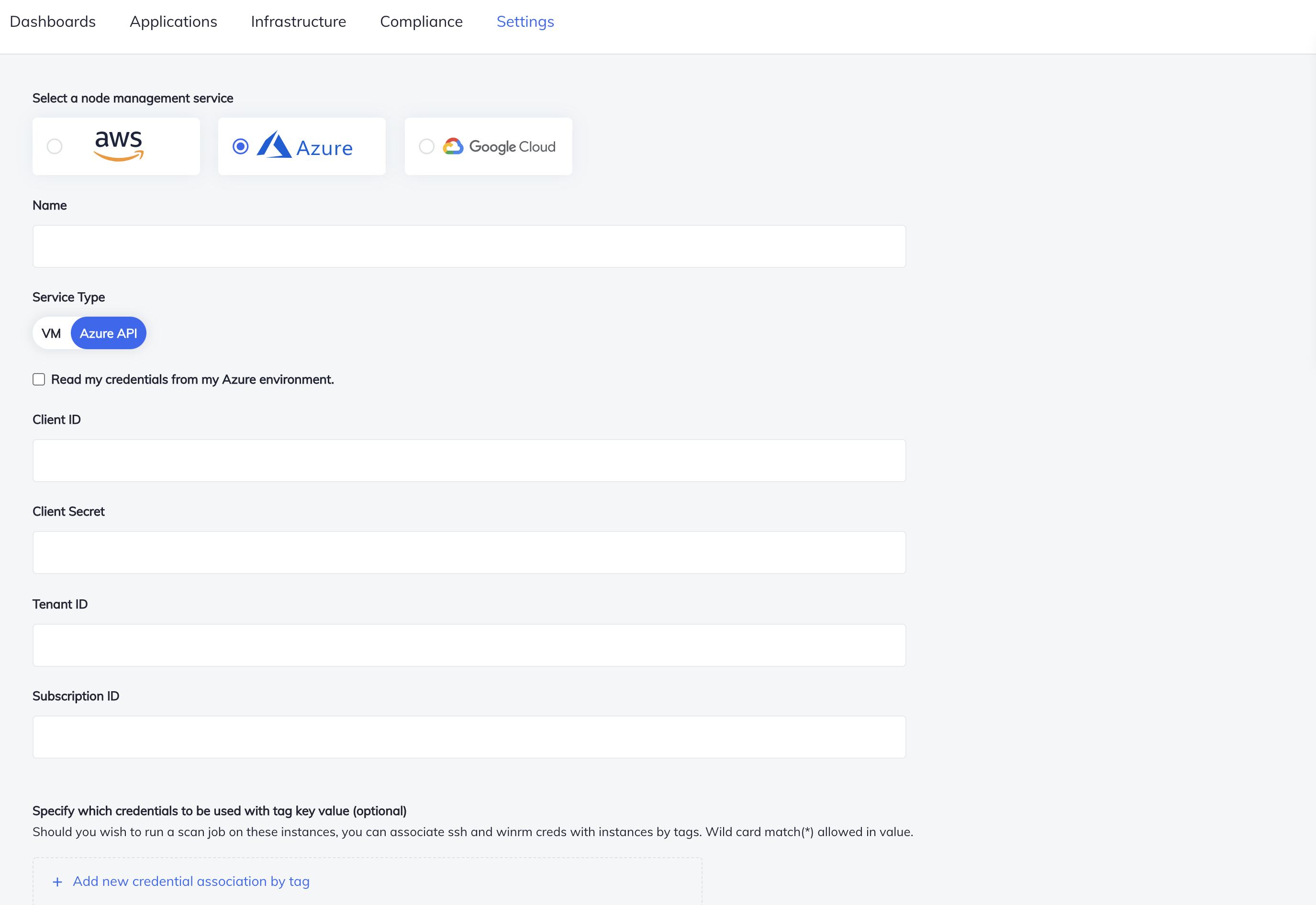 Add cloud management service form with Azure API selected and fields for Azure credentials and subscription ID.