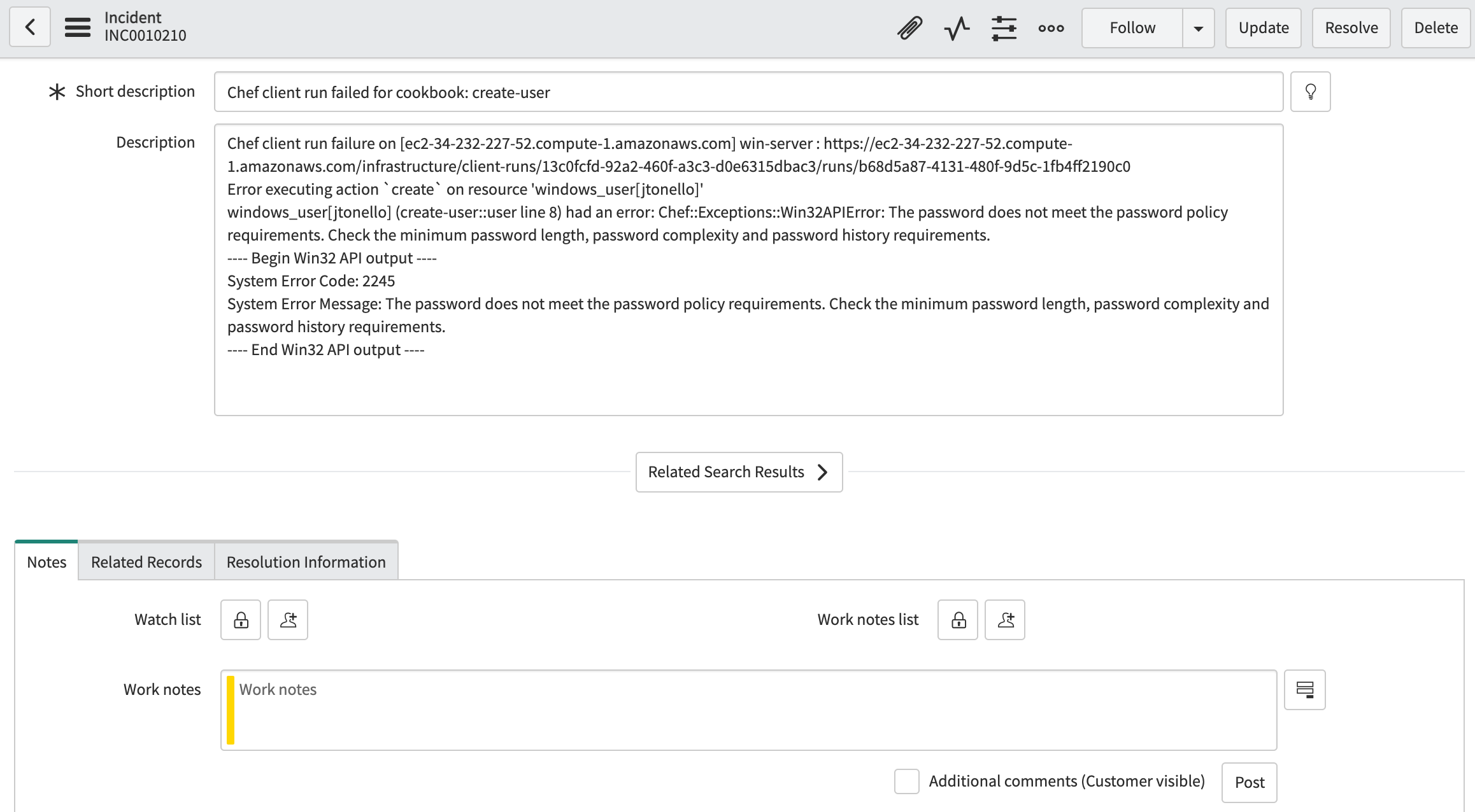 ServiceNow incident showing a failed Chef Infra Client run for a cookbook with short description and error details.