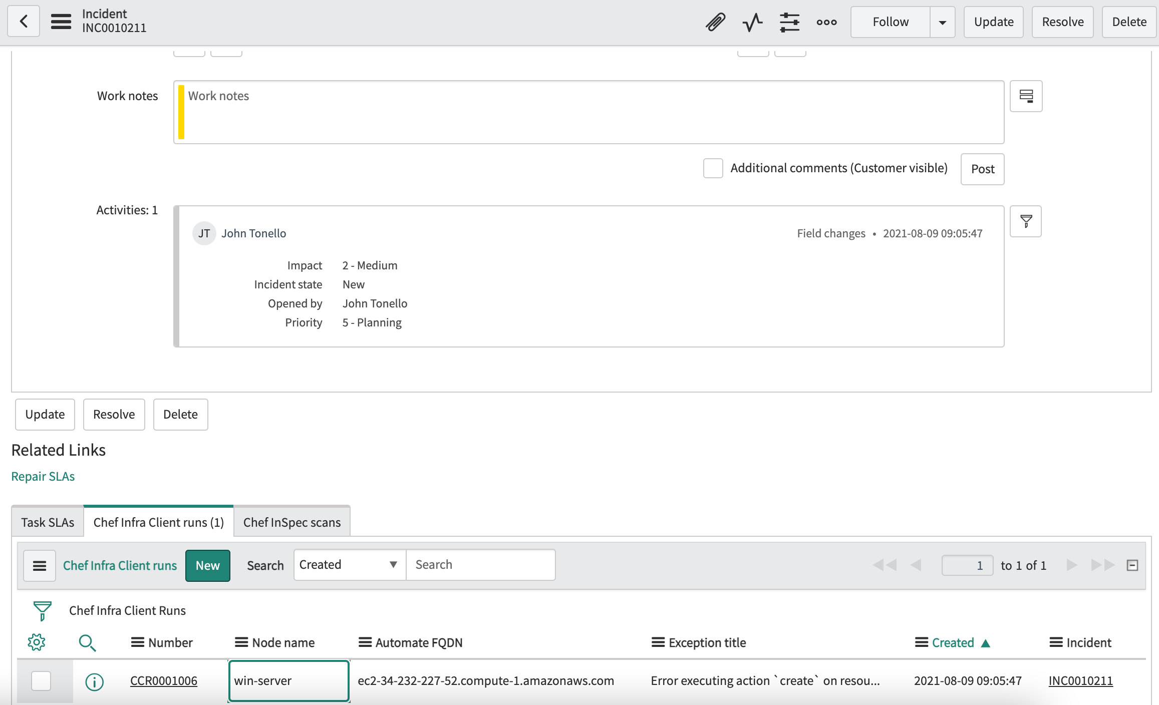 ServiceNow incident activity and related records showing client run failure details for a node-associated incident.