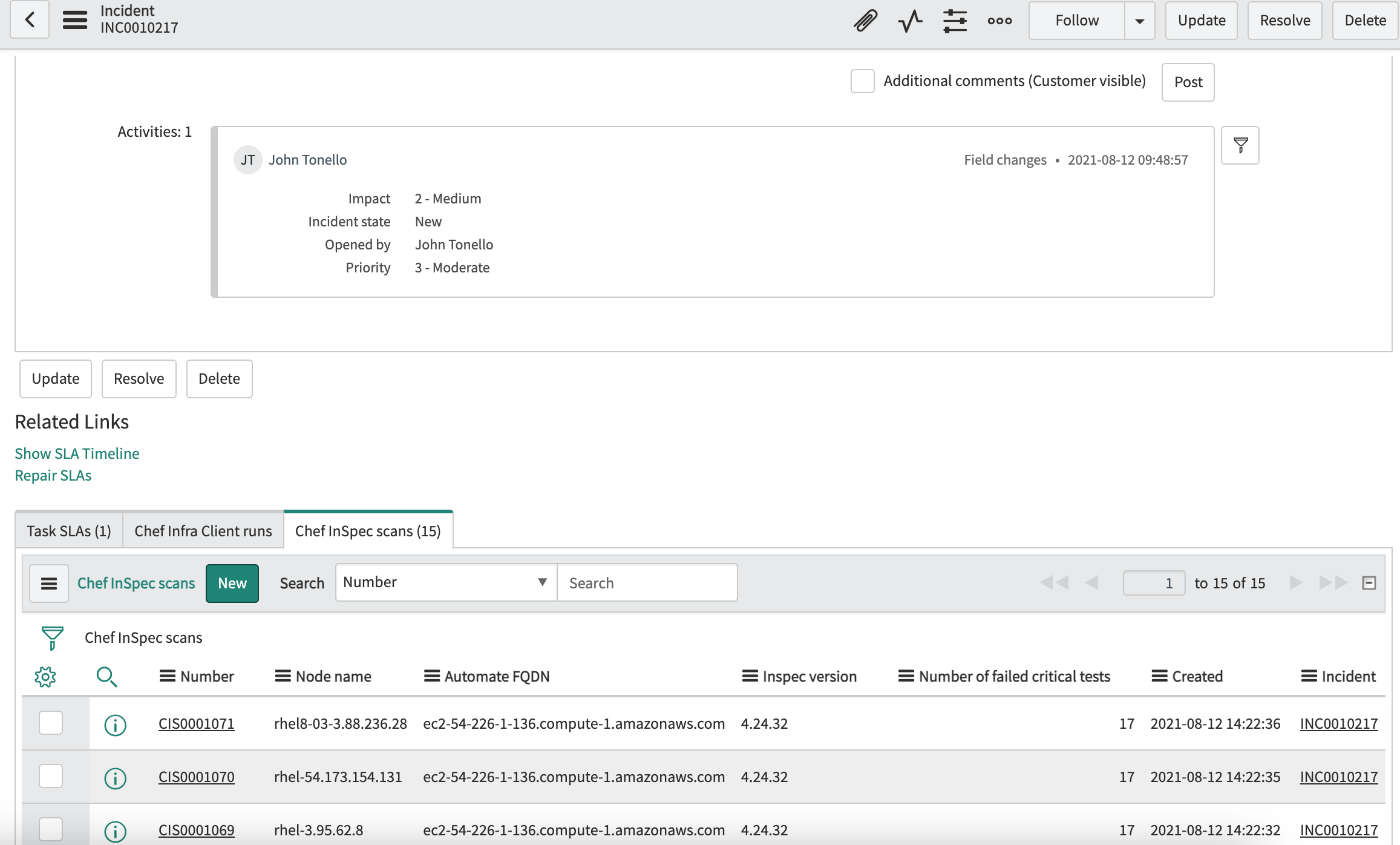 ServiceNow incident showing InSpec scan-related activity and a table of associated failed scan records by node.