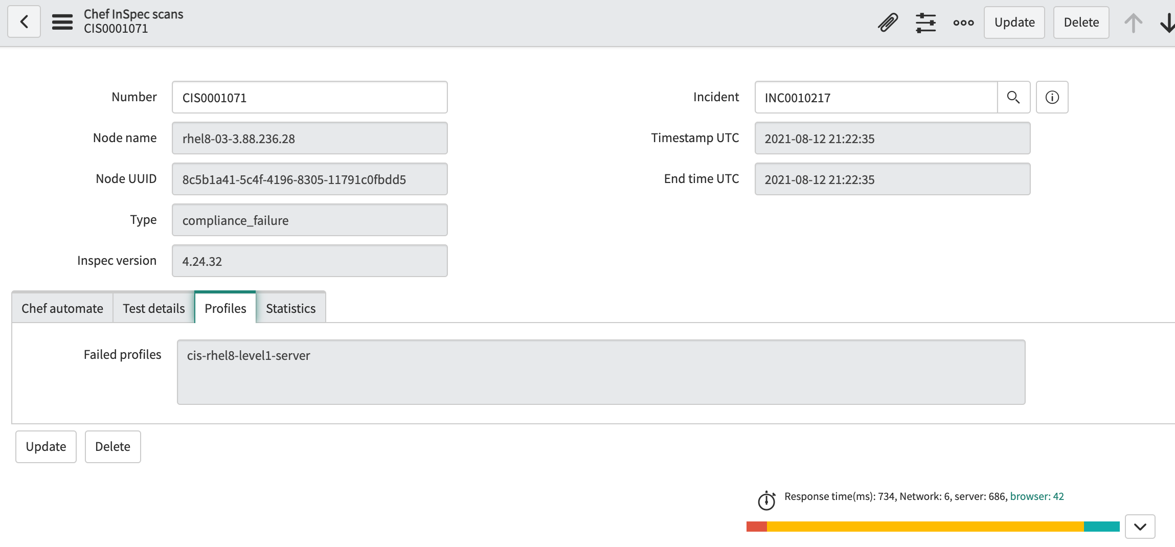 Chef InSpec scan record in ServiceNow showing a compliance failure entry linked to an incident.