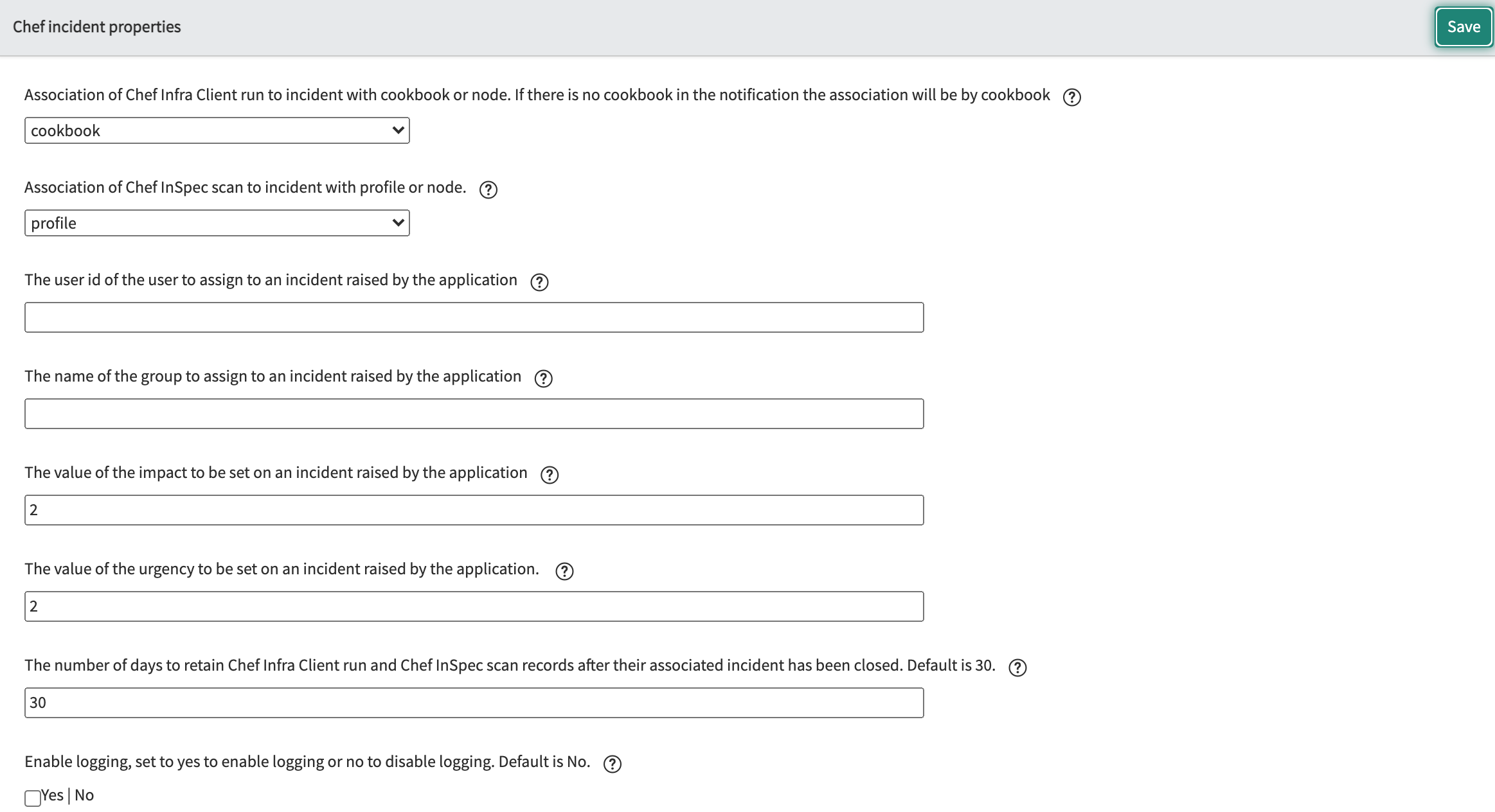 Chef incident properties page in ServiceNow with association, assignment, impact, urgency, retention, and logging settings.