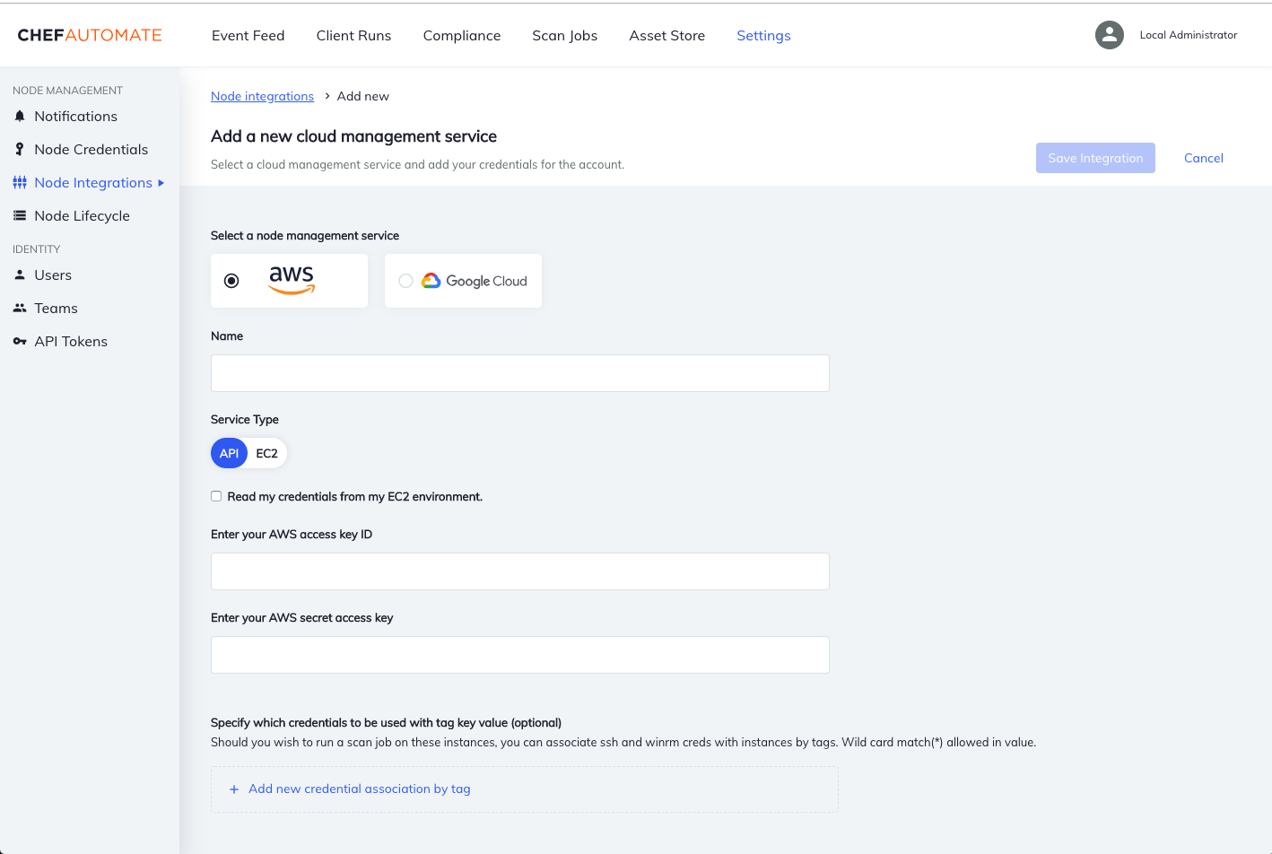 Chef Automate Create GCP API Node Manager form showing cloud platform provider selection with GCP option, service account JSON credential upload field, and credential fields for service account setup.