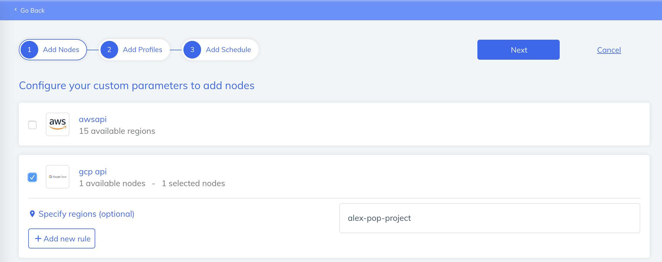 Chef Automate Create GCP API Scan Job form showing step 1 (Add Nodes) with gcp-api node manager selected showing 1 available and 1 selected node, and step buttons for Add Profiles and Add Schedule.