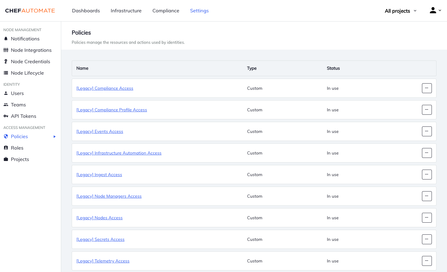 Chef Automate Settings Policies page showing the IAM v2 policies table with migrated legacy policies marked with [Legacy] prefix, indicating their type as custom, and status as in use.