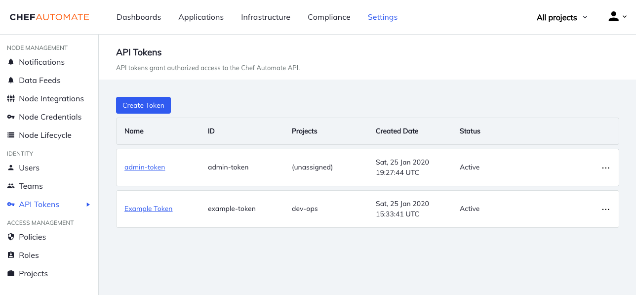 The API Tokens list in the Settings tab, showing the Create Token button and a table of existing tokens.