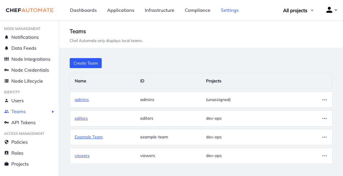 Chef Automate Settings Teams page showing Create Team button with a teams table listing admins, editors, Example Team, and viewers with their IDs and assigned projects.