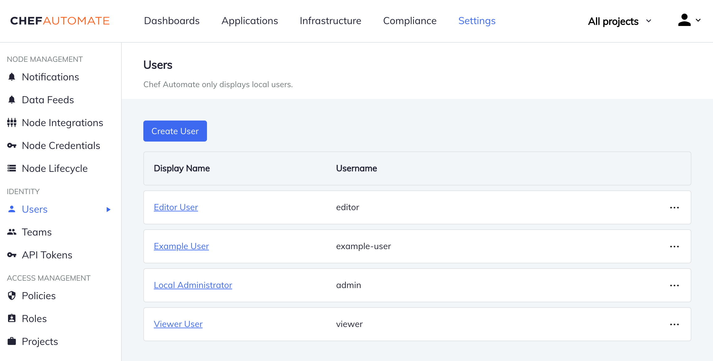 Chef Automate Settings Users page showing Create User button with a users table listing Editor User, Example User, Local Administrator, and Viewer User with their display names and usernames.
