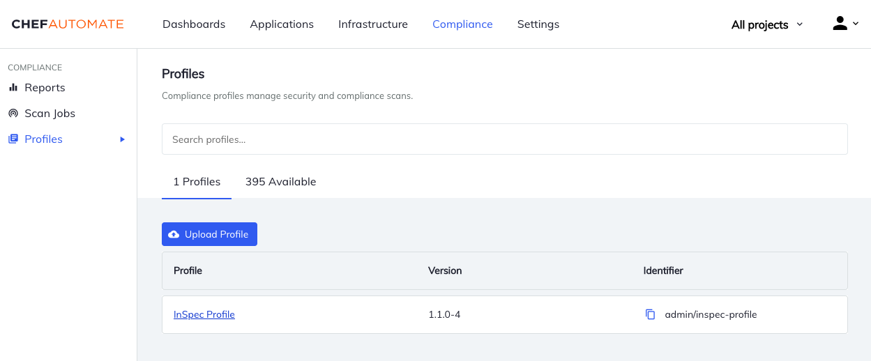 Chef Automate Compliance Profiles page showing one installed profile and 395 available profiles to download with an Upload Profile button and profile table.