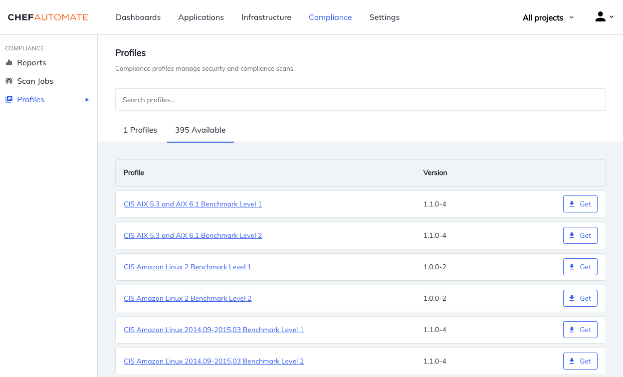 Chef Automate Available Profiles list showing CIS Benchmark profiles with versions and Get buttons for installation.