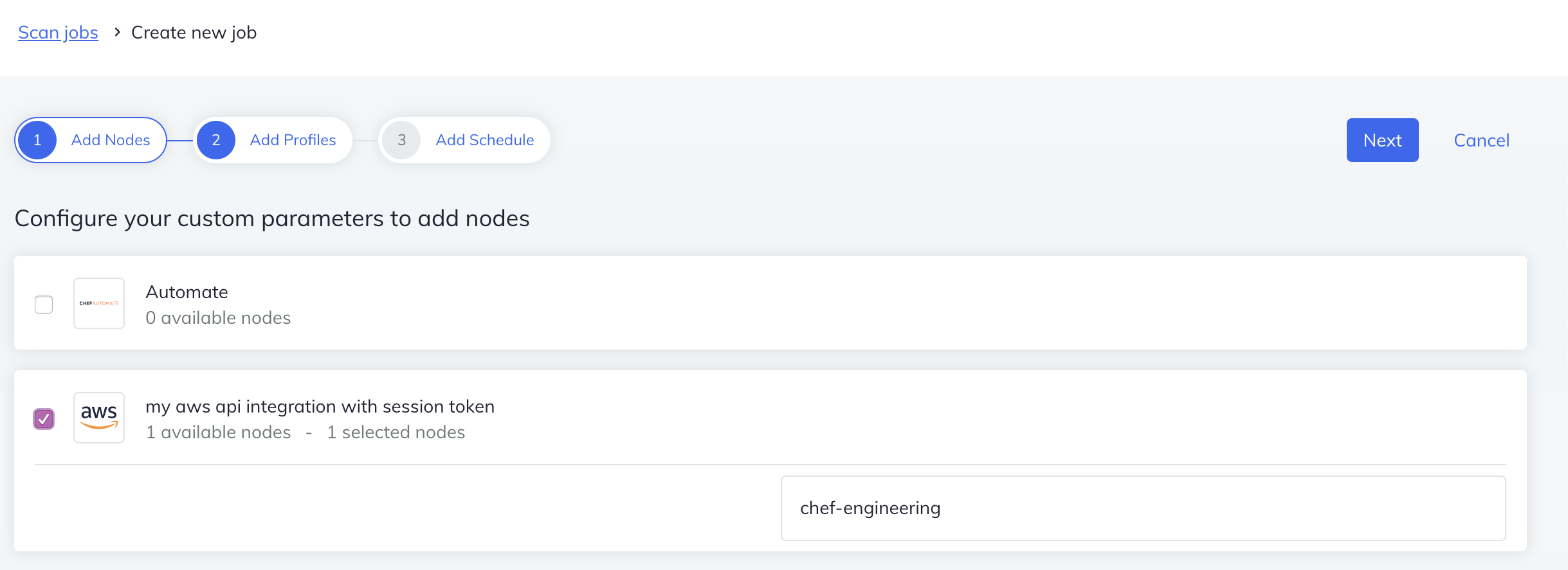 Chef Automate Create AWS API Scan Job form showing step 1 (Add Nodes) with 1 available node and 1 selected.