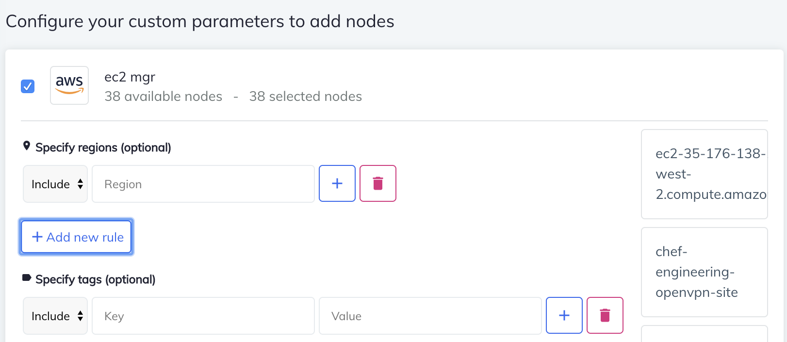 Create scan job form for an AWS EC2 manager with selected nodes and optional region and tag filter rules.