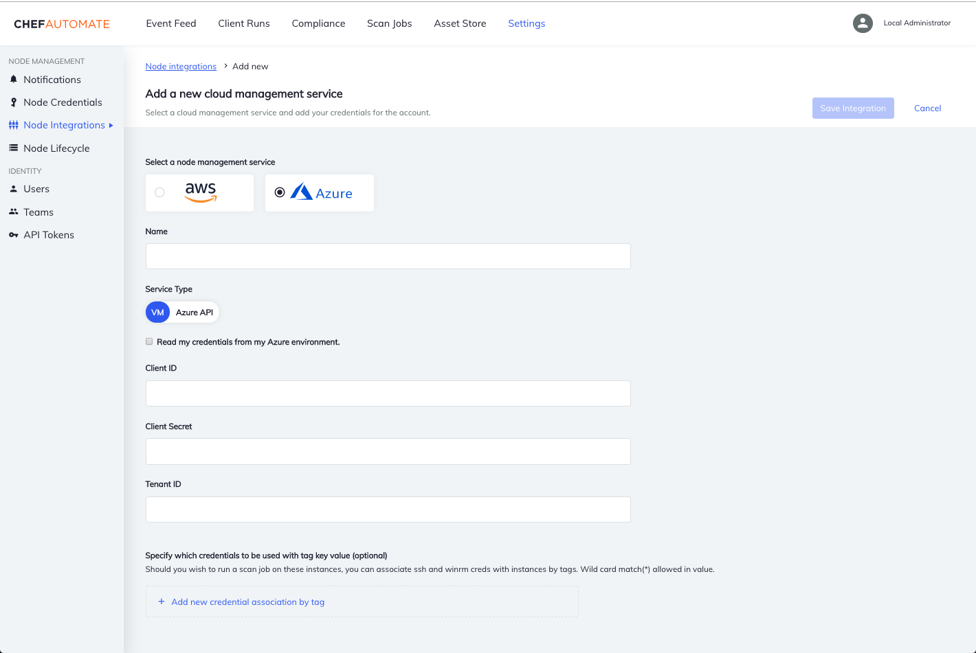 Add cloud management service form with Azure VM selected and fields for client ID, client secret, tenant ID, and tag association rules.