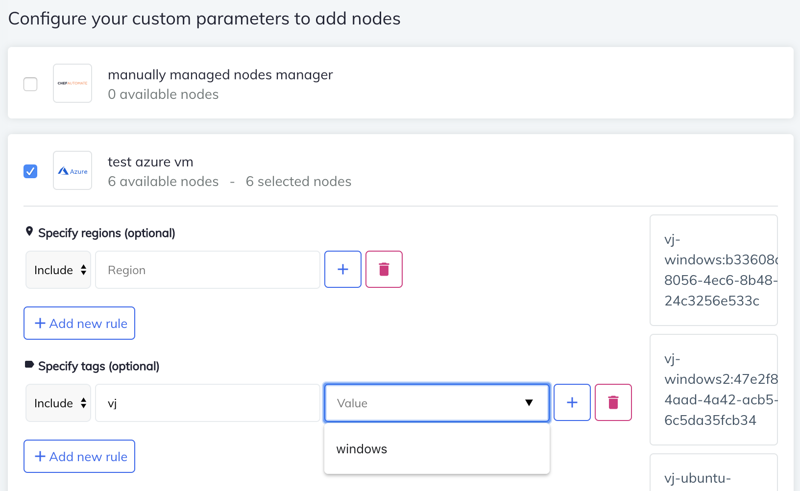 Create scan job form for an Azure VM manager with selected nodes and optional region and tag filters.