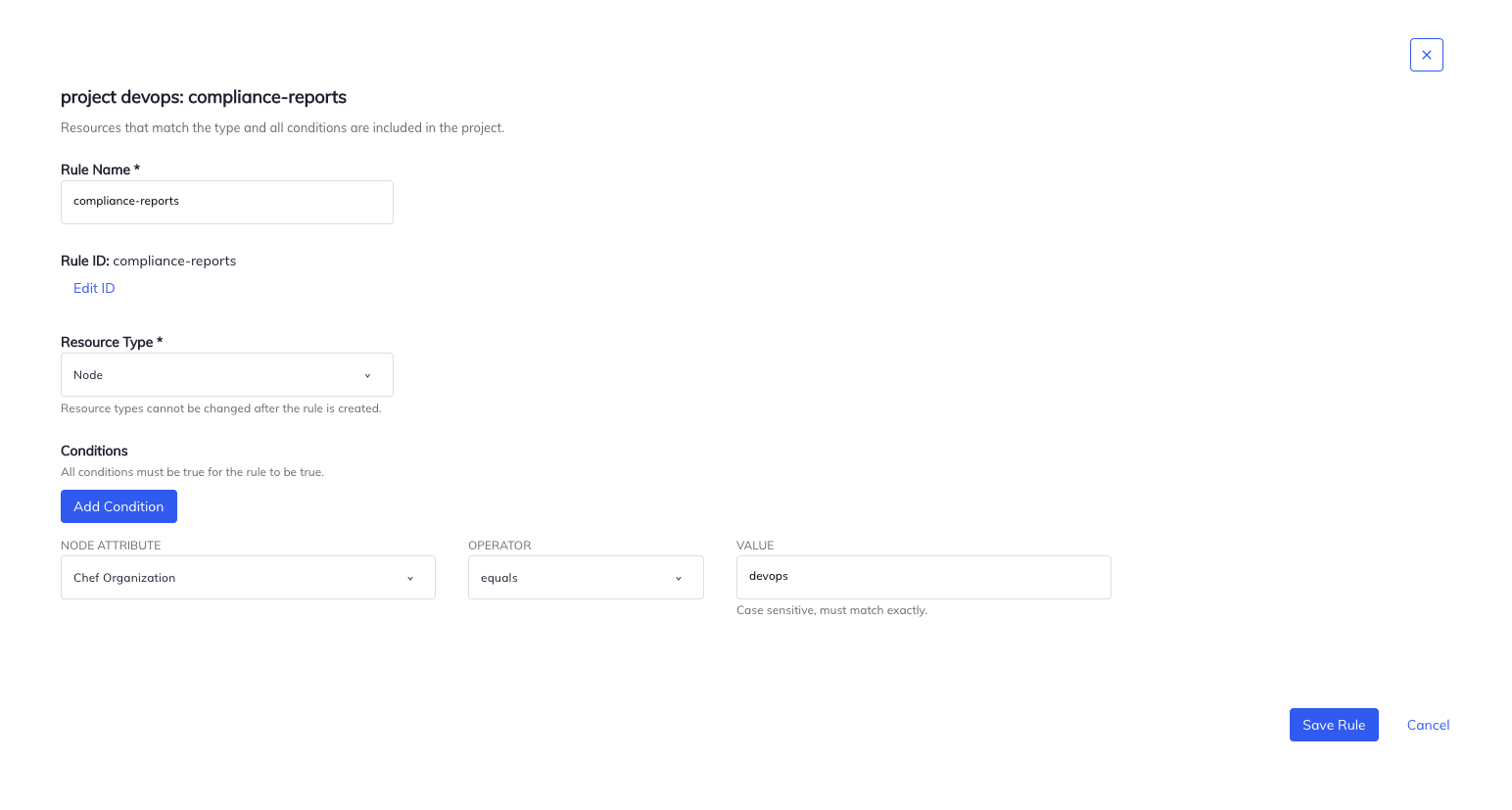 Chef Automate Create Project Rule form showing fields for rule name, resource type selection (Node), and conditions for filtering resources by Chef Organization.