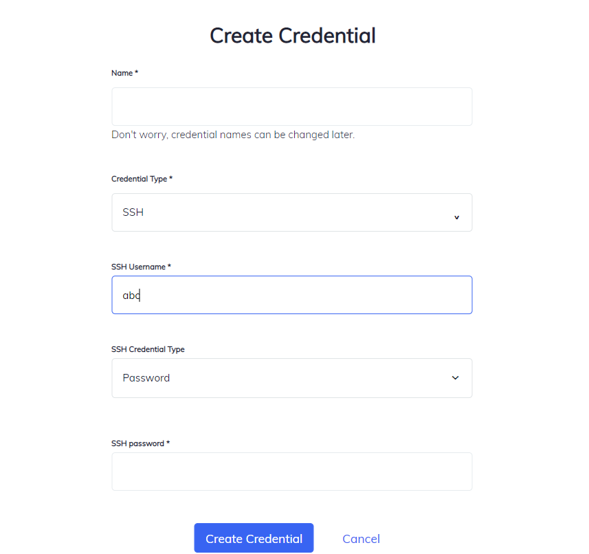 Chef Automate Create Credential form for SSH with fields for Name, Credential Type dropdown (SSH selected), SSH Username (abc), SSH Credential Type radio buttons (Password selected), SSH password field, and Create Credential/Cancel buttons.
