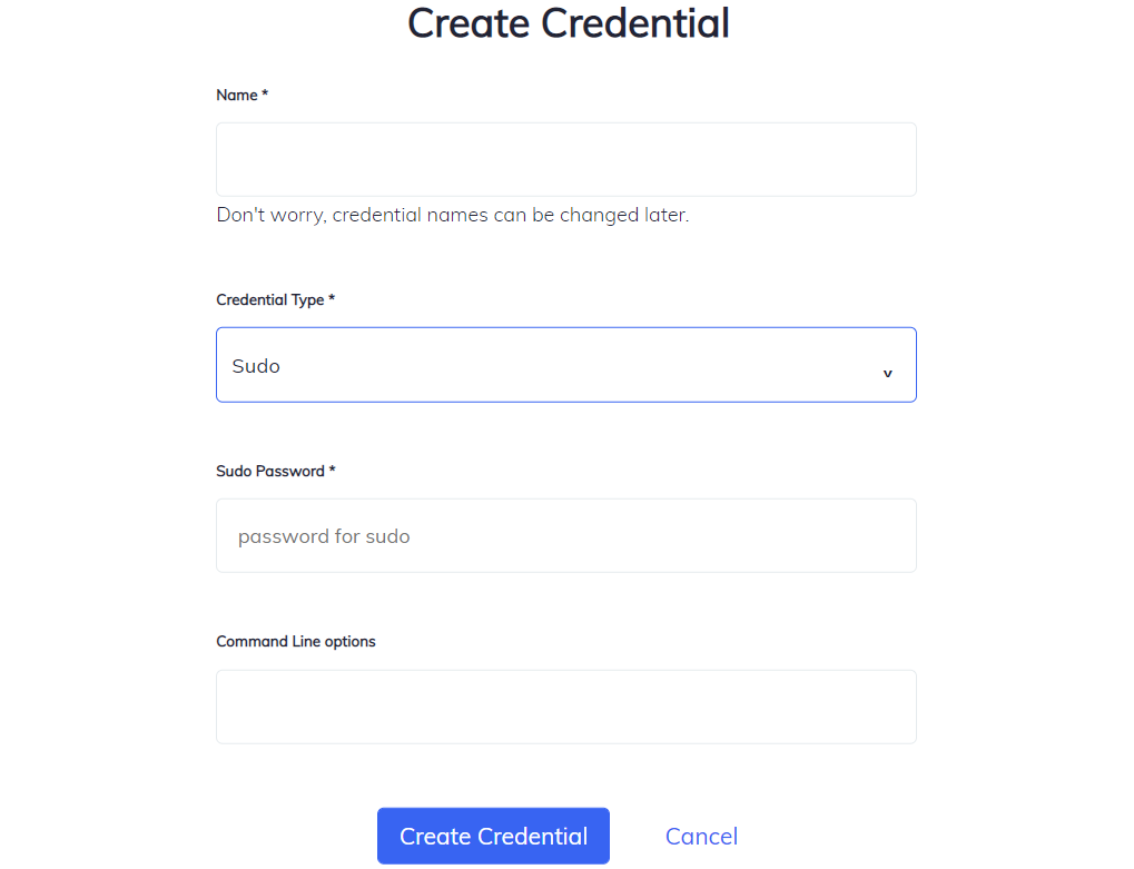 Chef Automate Create Credential form for Sudo with fields for Name, Credential Type dropdown (Sudo selected), Sudo Password (password for sudo), Command Line options field, and Create Credential/Cancel buttons.
