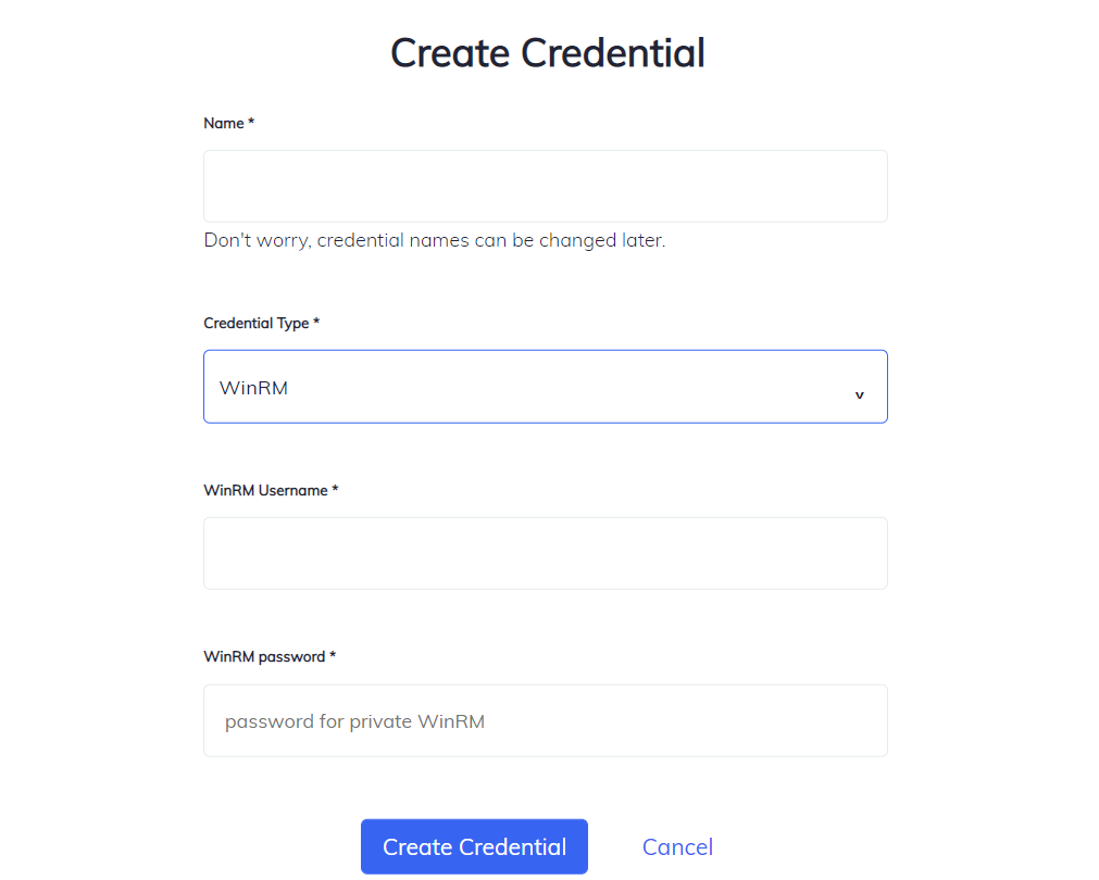 Chef Automate Create Credential form for WinRM with fields for Name, Credential Type dropdown (WinRM selected), WinRM Username, WinRM password (password for private WinRM), and Create Credential/Cancel buttons.