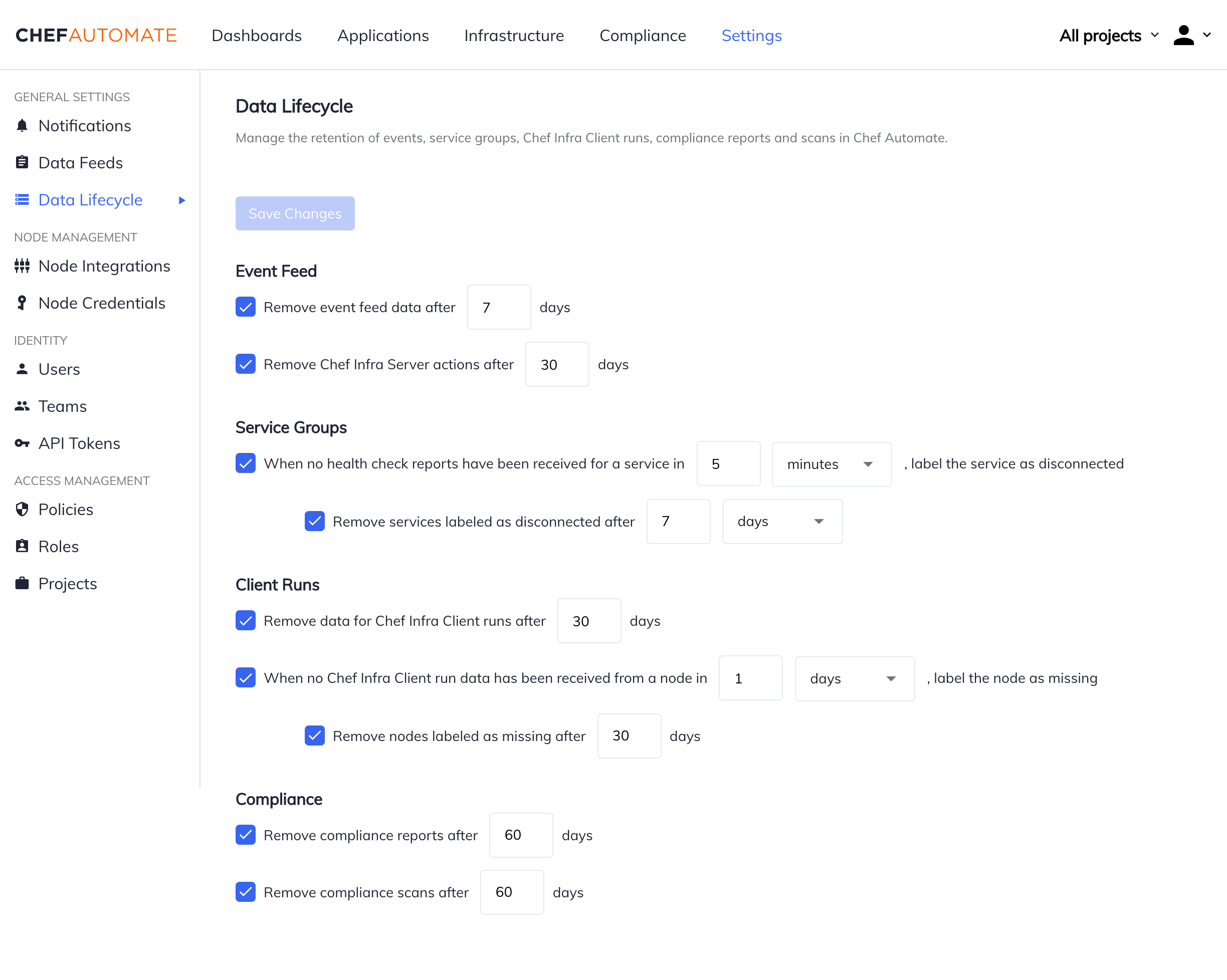 Chef Automate Settings page for Data Lifecycle showing retention configuration options for event feed, Chef Infra Server actions, service groups, client runs, and compliance data.