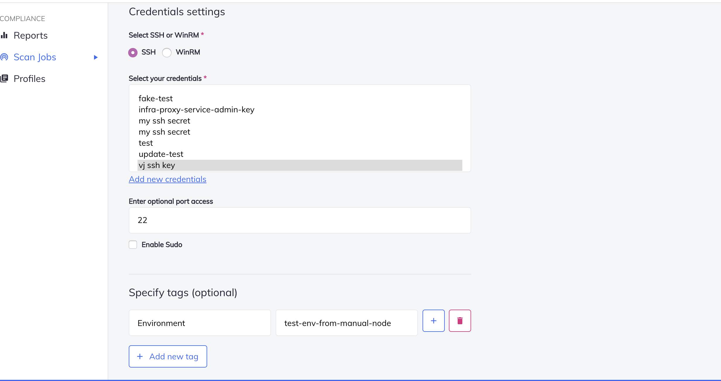 Chef Automate manually added node form showing Environment Tag input with value “development” and Environment dropdown showing “chef-dev” selected for environment assignment.