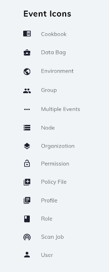 Chef Automate event feed icon legend showing symbols for Cookbook, Data Bag, Environment, Group, Multiple Events, Node, Organization, Permission, Policyfile, Profile, Role, Scan Job, and User.