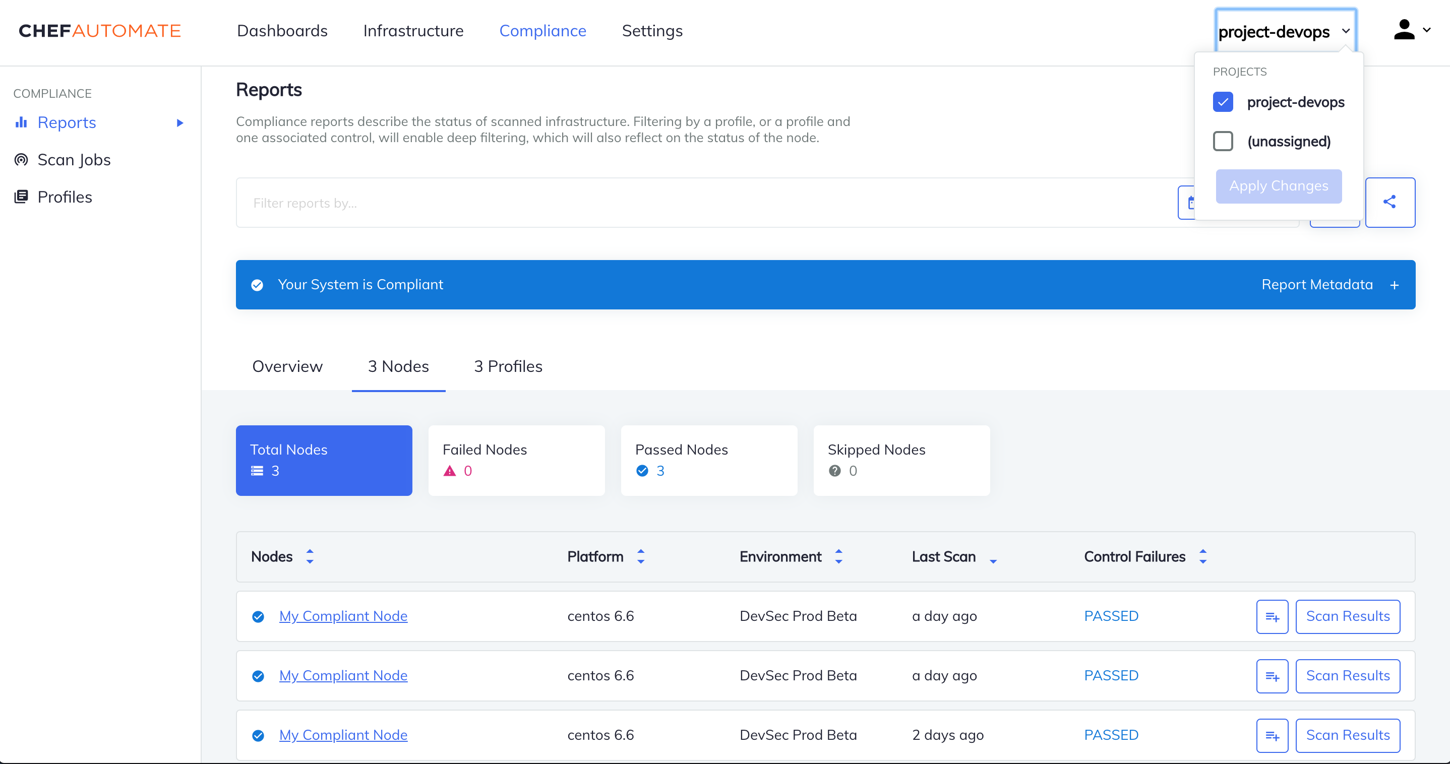 Chef Automate global projects filter dropdown in top navigation showing project-devops selected with (unassigned) option and Apply Changes button, filtering Compliance Reports to show 3 nodes from DevSec Prod Beta environment.