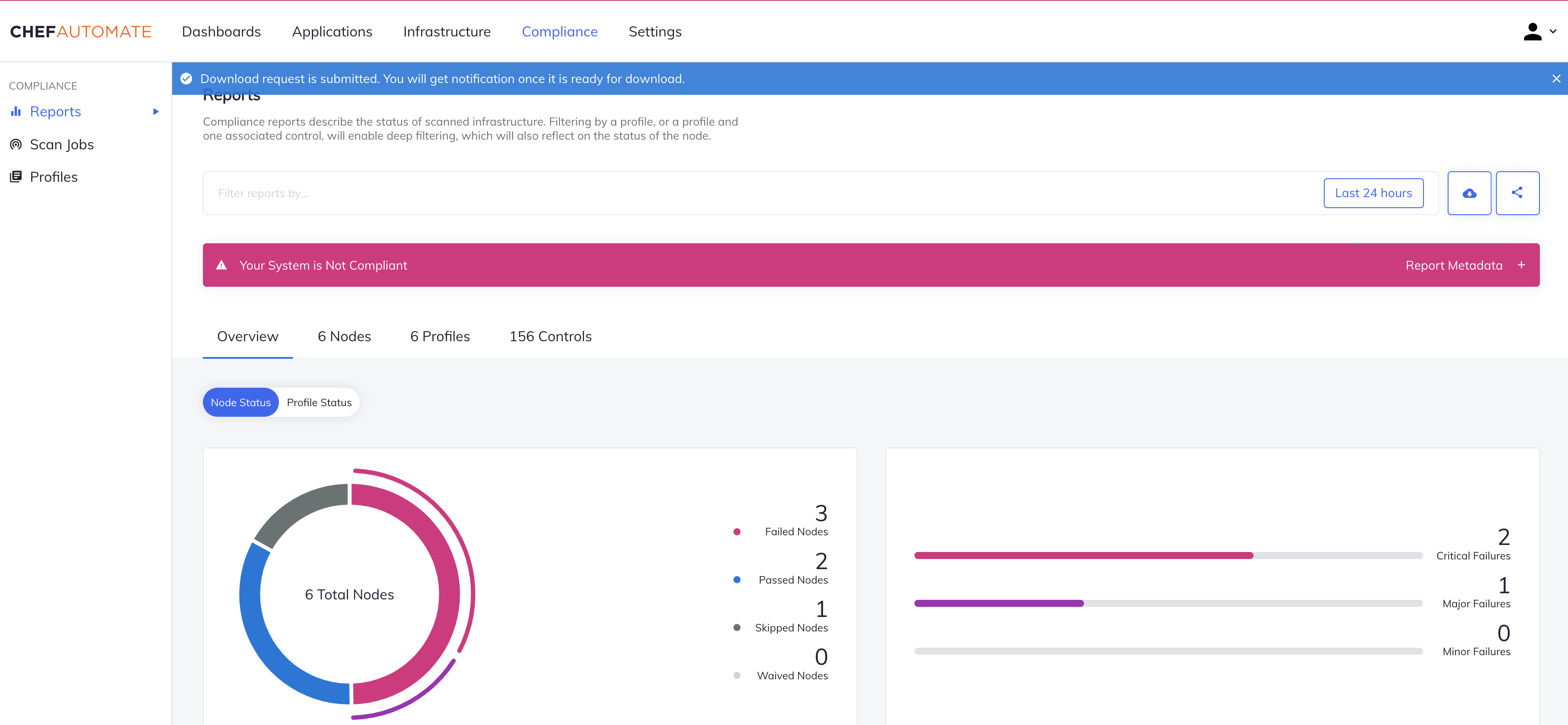 Chef Automate Large Compliance Report download confirmation notification stating ‘Download request is submitted. You will get notification once it’s ready for download.’ with blue notification banner and Node Status overview visible.