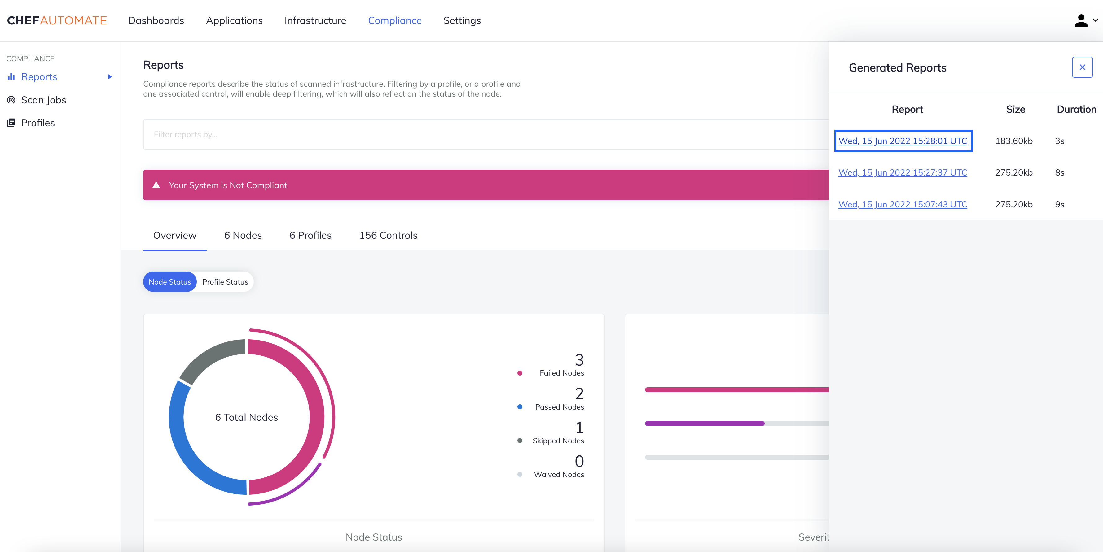 Chef Automate Generated Reports sidebar showing completed report downloads with blue highlighted first row, file size (183.60kb), and generation duration (3s) ready for download selection.