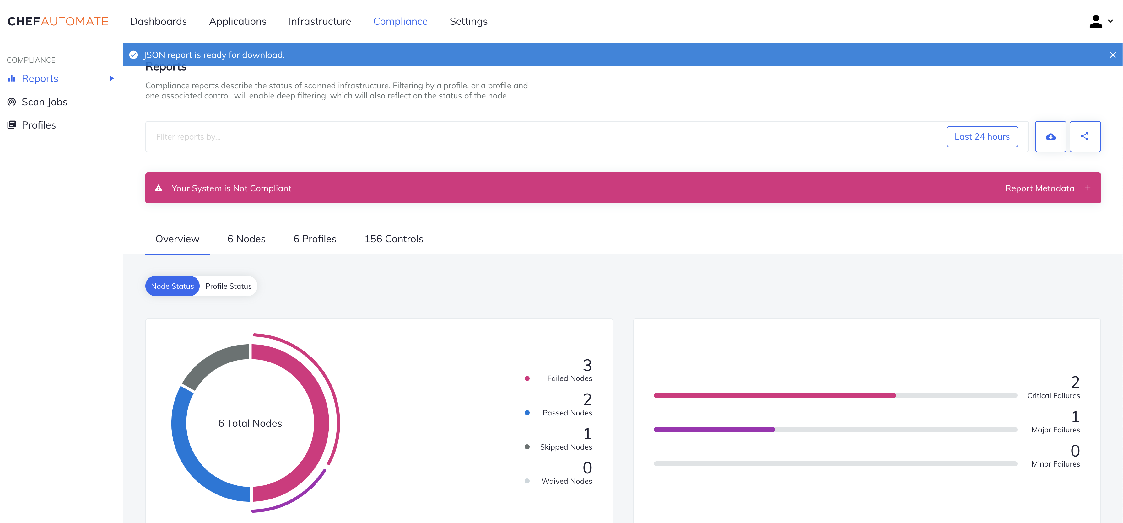 Chef Automate report generation completion notification stating ‘JSON report is ready for download’ with blue banner and Reports page showing Node Status overview.