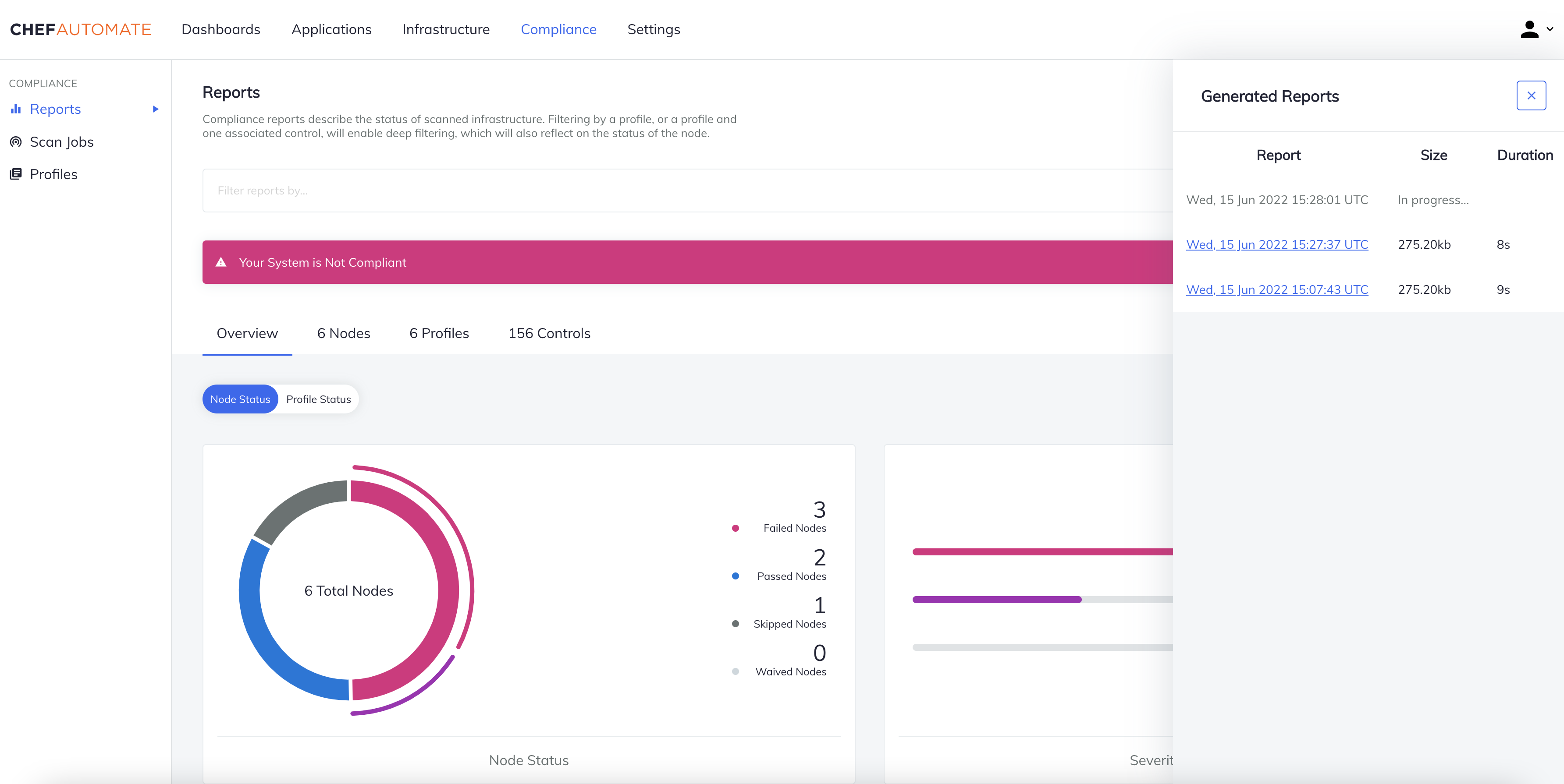 Chef Automate Generated Reports sidebar panel showing pending and completed report requests with timestamps, sizes (275.20kb), and durations, plus a progress bar for the report generation status.