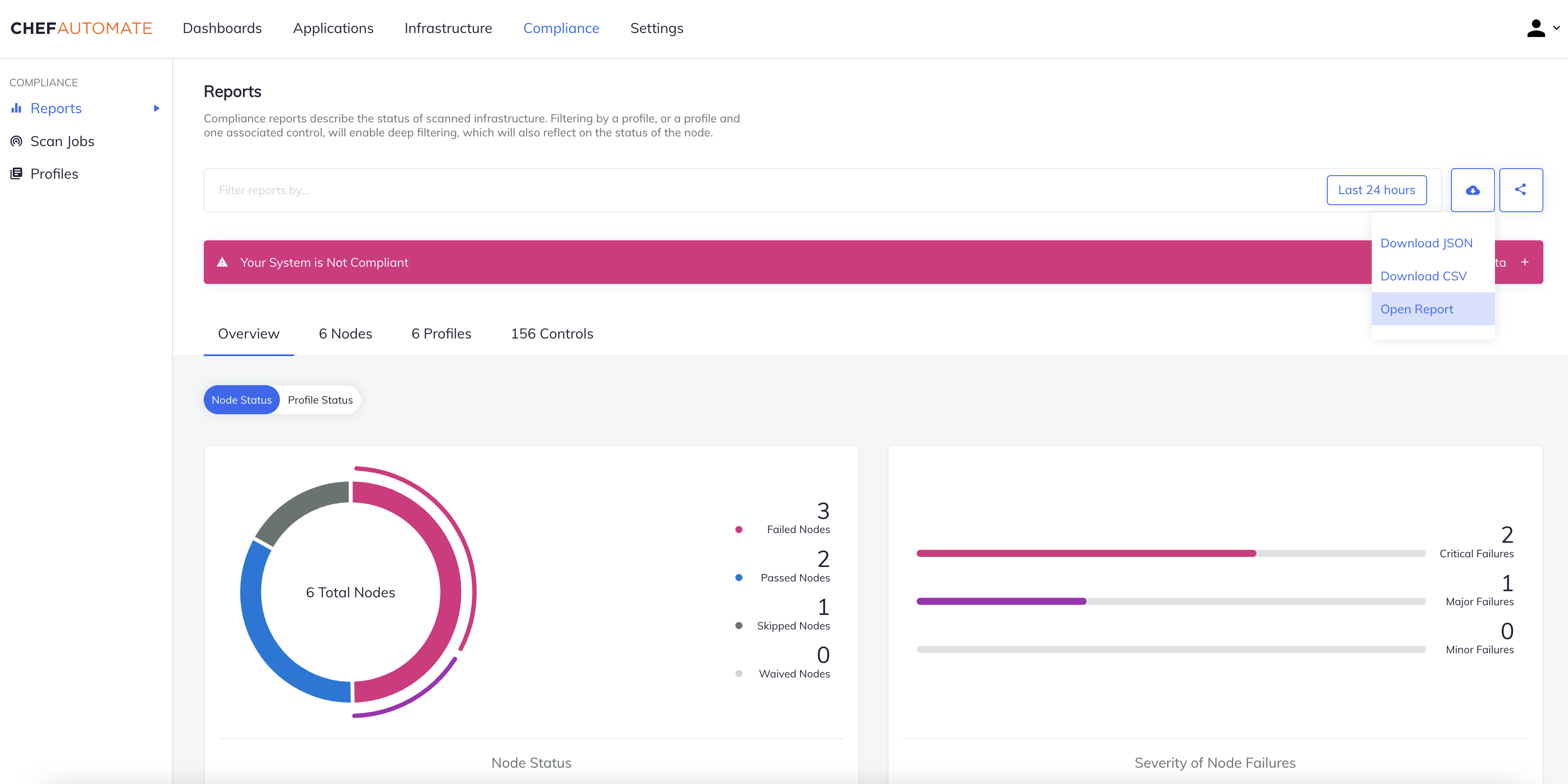 Chef Automate Report status showing Download CSV and Download JSON buttons and Open Report link with the Reports page displaying Node Status donut chart and severity failure chart.