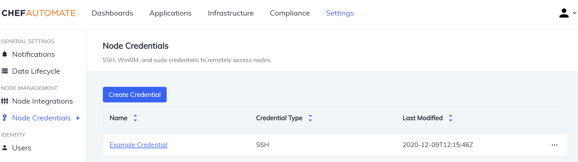 Chef Automate Node Credentials page in Settings showing Create Credential button, credentials table with columns for Name, Credential Type, and Last Modified, displaying one example SSH credential entry.