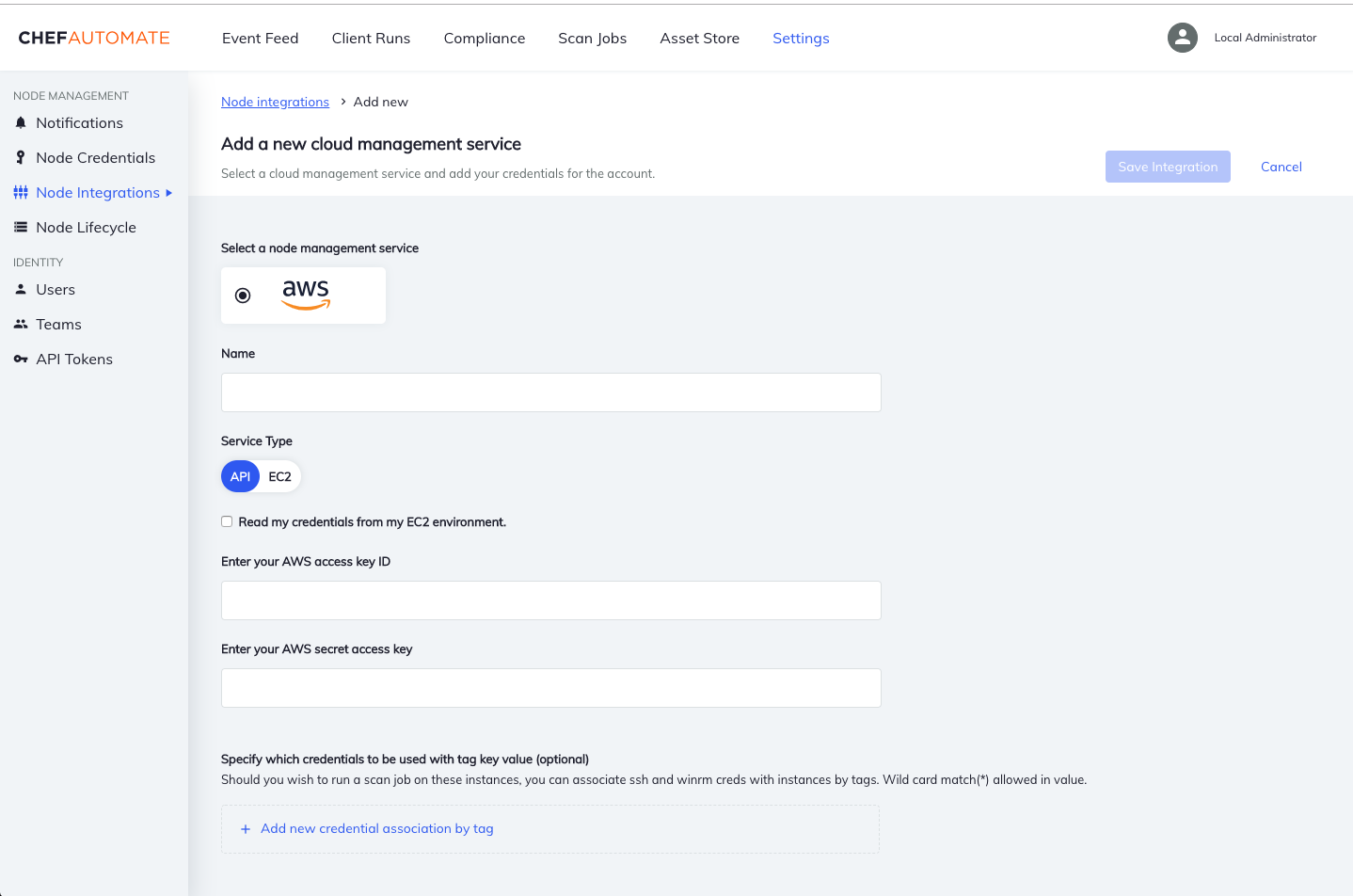 Chef Automate Create AWS EC2 Node Manager form showing Name field, Service Type radio buttons (API selected for EC2), checkbox to read credentials from EC2 environment, AWS access key ID and secret access key fields, option to add new credential association by tag with Name key and vj-* value for ssh ec2 credential.