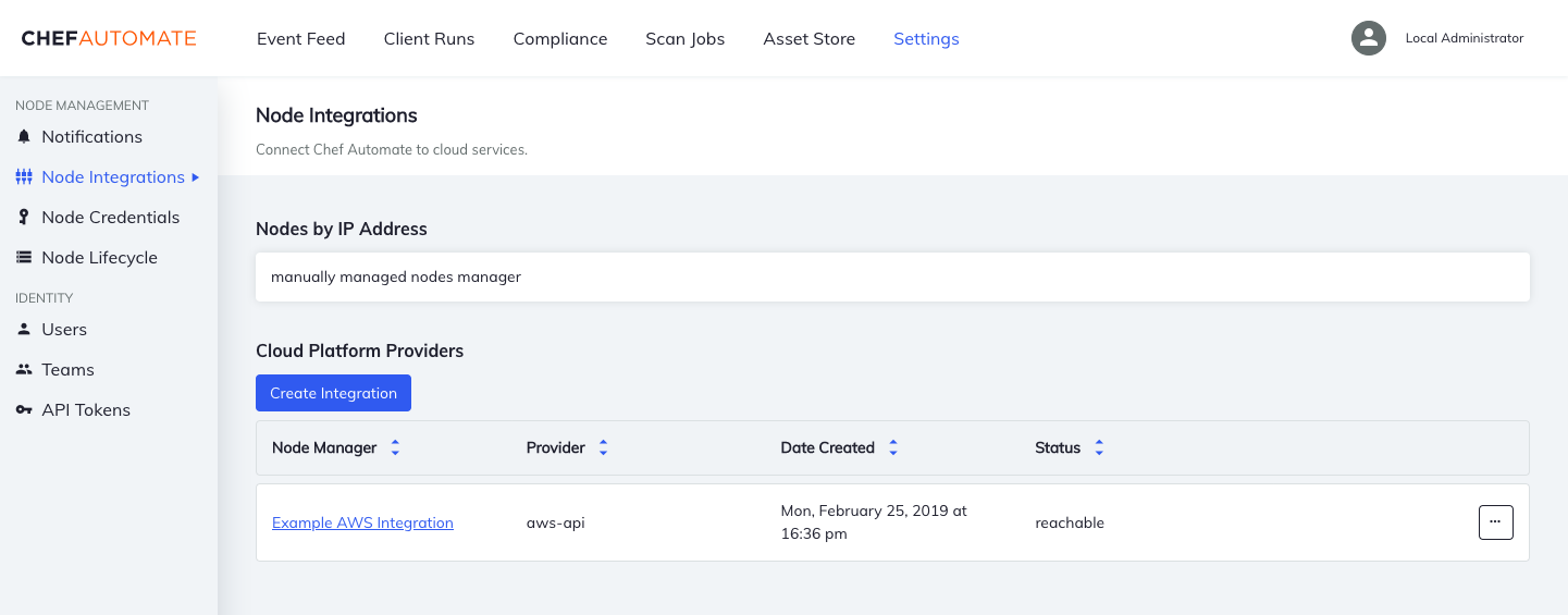 Chef Automate Node Integrations page in Settings showing Nodes by IP Address with manually managed nodes manager and Cloud Platform Providers section with Create Integration button and node managers table displaying Example AWS Integration (aws-api provider, reachable status).