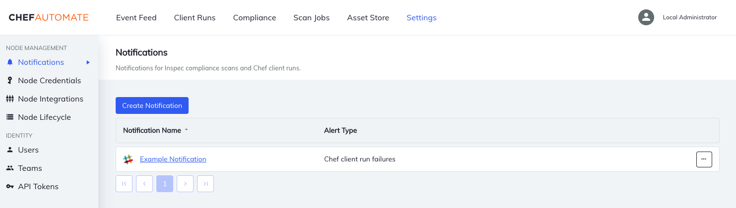Chef Automate Notifications page showing Notifications list in Settings tab with Create Notification button, notification table with Name and Alert Type columns displaying Example Notification for Chef client run failures, and pagination controls.