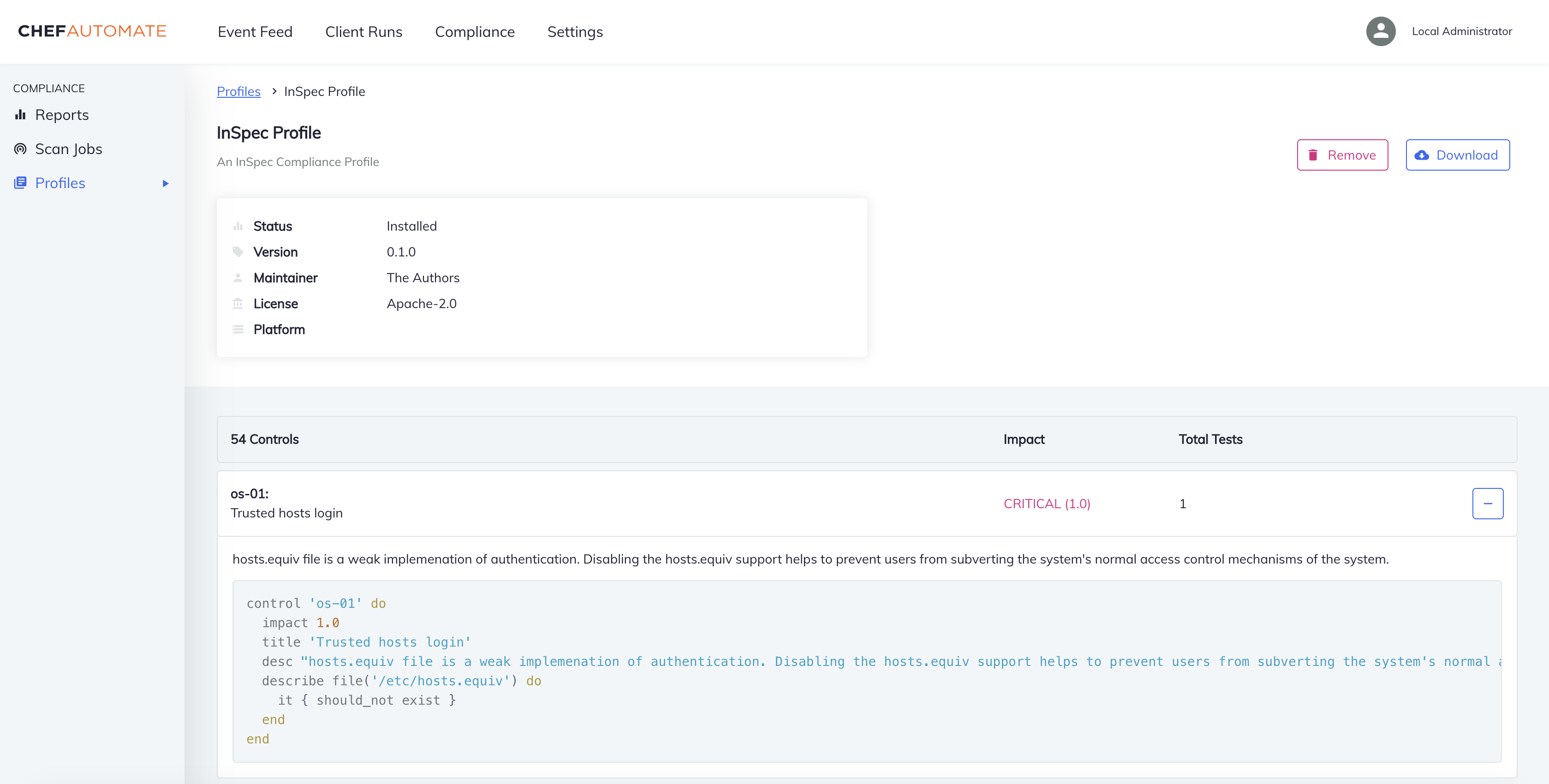 Chef Automate profile detail body showing a table of controls with control IDs (os-01, os-02, os-03, os-04), descriptions, severity levels marked as CRITICAL (1.0), and test counts, plus expandable InSpec code for each control.