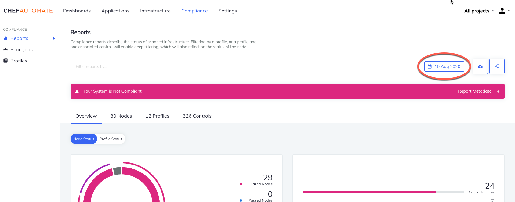 Chef Automate Reports page date selector showing a blue calendar button with “10 Aug 2020” in the upper right corner for selecting different scan report dates.