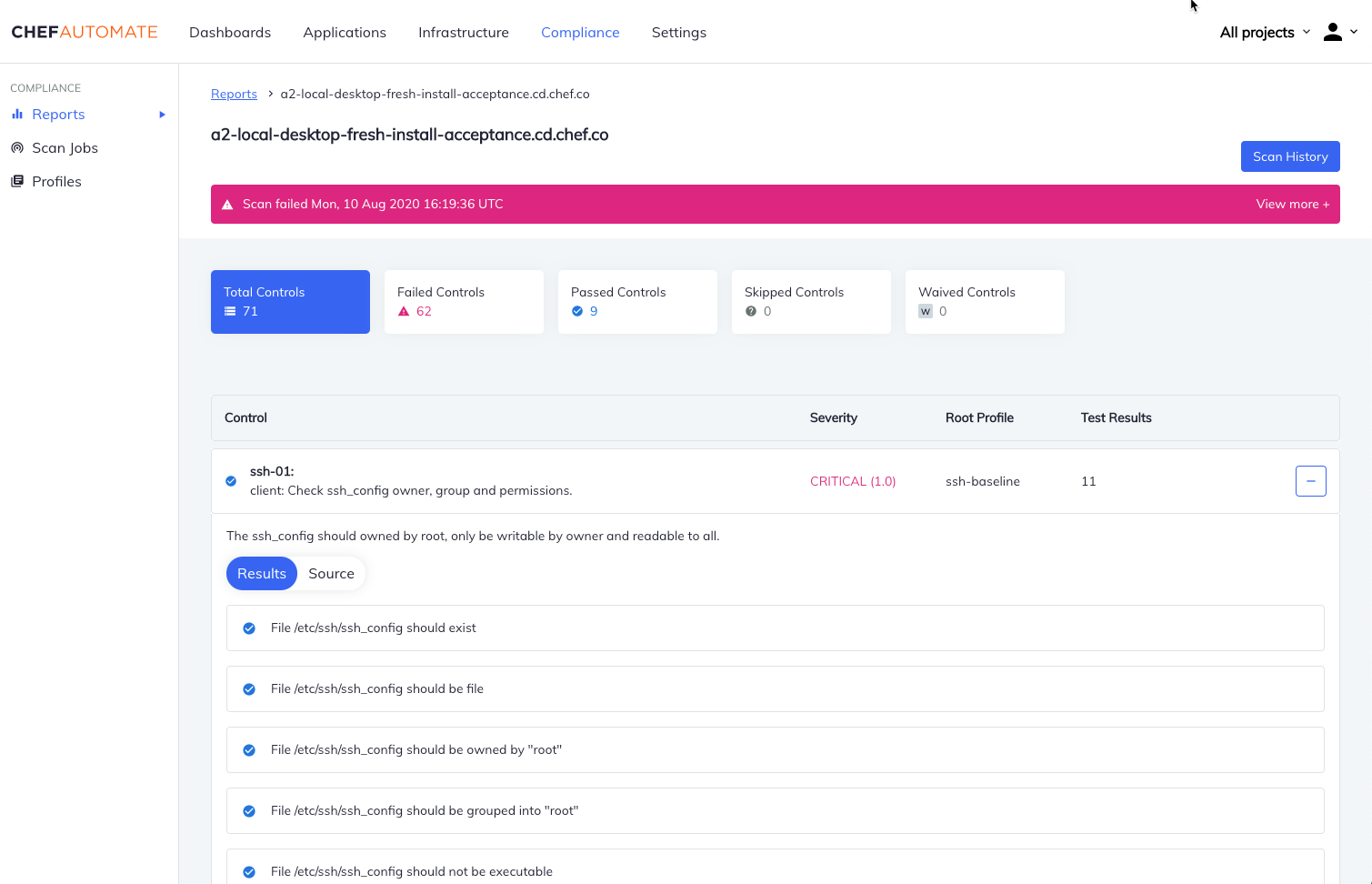 Chef Automate node detail page for q2-local-desktop-fresh-install-acceptance.cd.chef.co showing failed scan results with 71 total controls (62 failed, 9 passed, 0 skipped), plus control details table with ssh-01 control showing CRITICAL severity, ssh-baseline profile, 11 test results, and Results/Source tabs.
