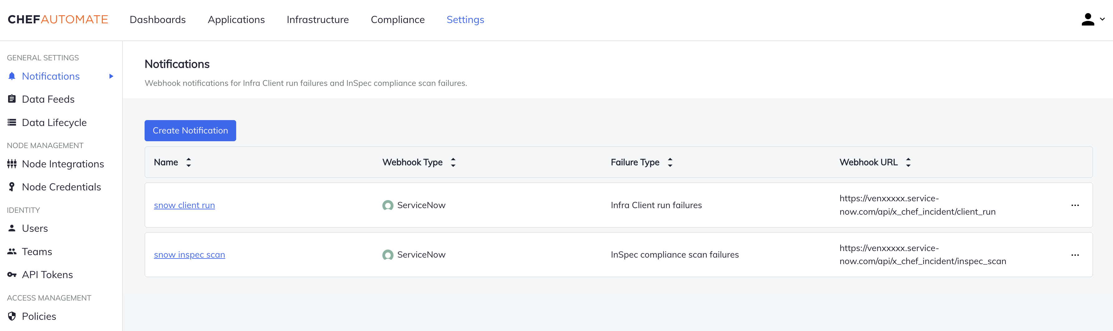 Chef Automate Notifications page showing ServiceNow webhook notifications table with columns for Name, Webhook Type, Failure Type, and Webhook URL displaying configured snow_client_run and snow_inspec_scan notifications.