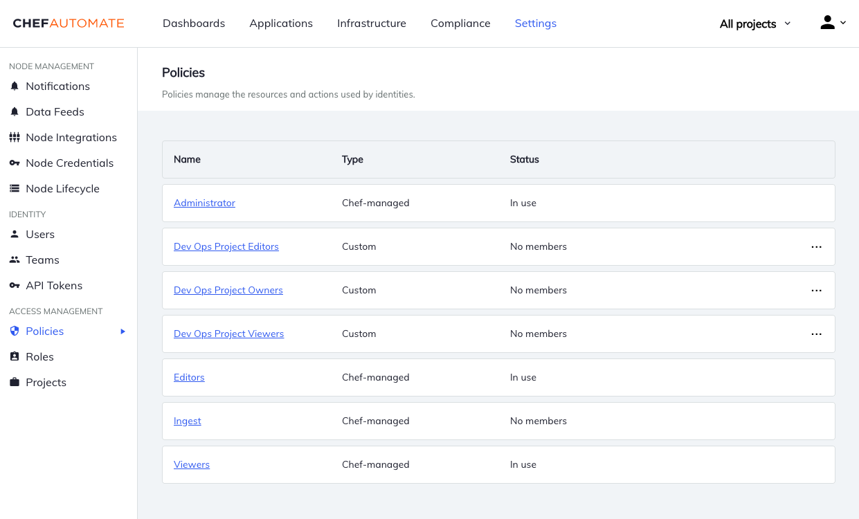 Chef Automate Settings Policies page showing a policies table with columns for Name, Type, and Status, listing Chef-managed policies (Administrator, Editors, Ingest, Viewers) and custom project policies with their membership status.