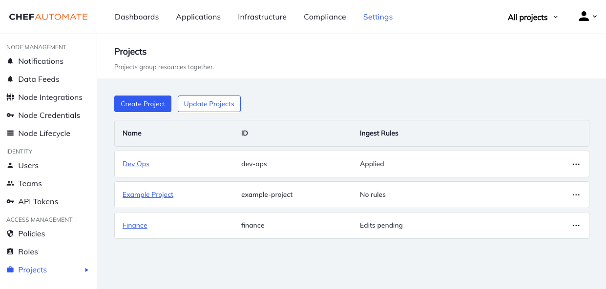 Chef Automate Settings Projects page showing Create Project and Update Projects buttons with a projects table listing Dev Ops, Example Project, and Finance with their IDs and ingest rule statuses (Applied, No rules, Edits pending).