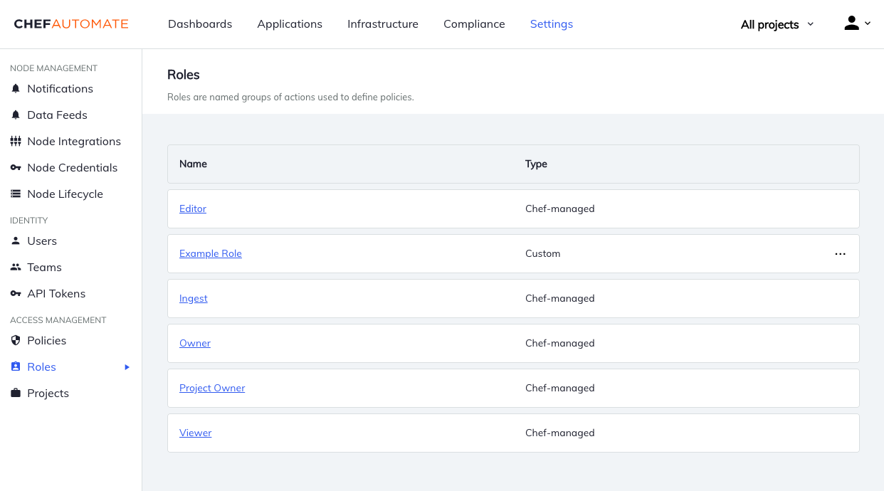 Chef Automate Settings Roles page showing a roles table with columns for Name and Type, listing Chef-managed roles (Editor, Ingest, Owner, Project Owner, Viewer) and custom roles (Example Role).